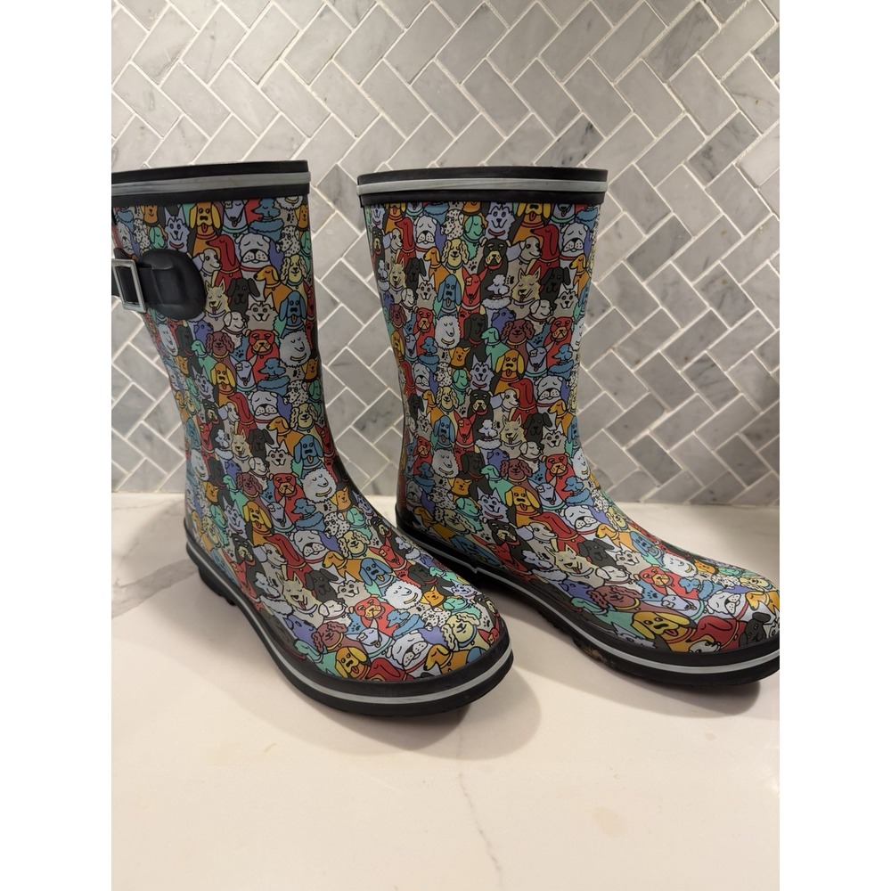 Skechers Womens 7 Bobs Rain Check Puddle Paw Dog Print Rain Boots Multicolor